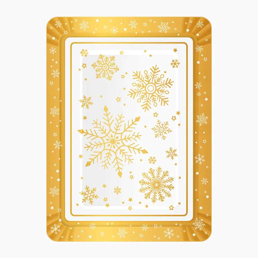 Bandeja Rectangular Cartón Navidad 25 x 34 cm Copo de Nieve Oro y Blanco