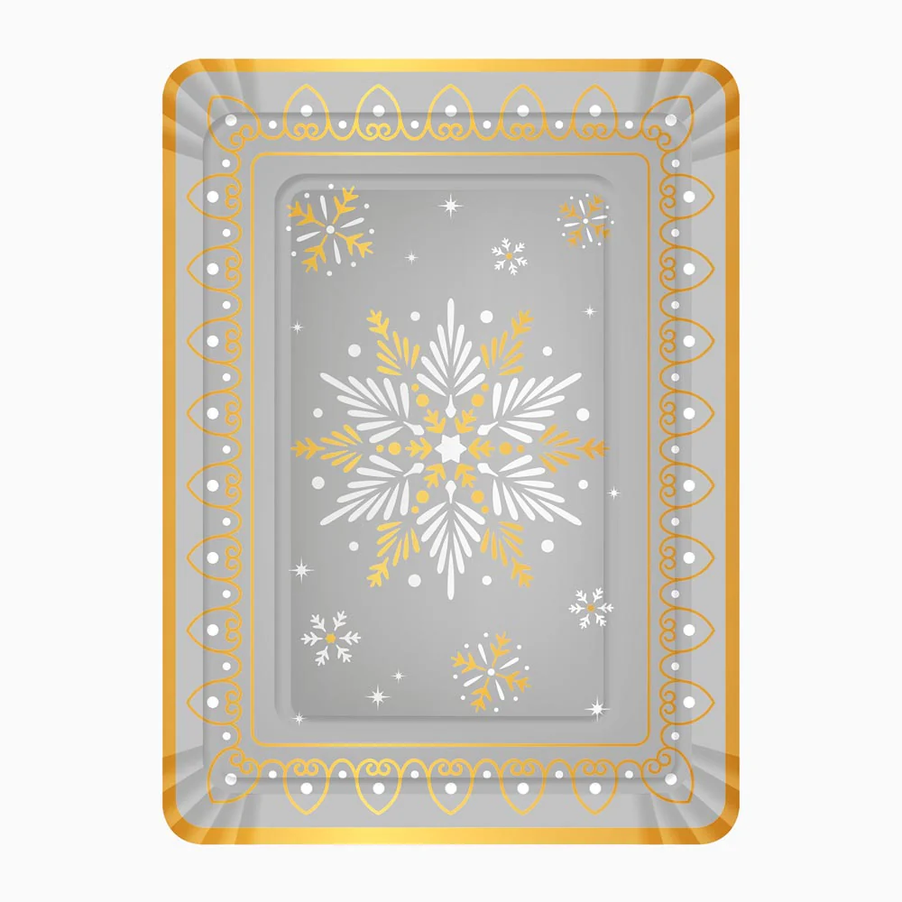 Bandeja Cartón Rectangular Navidad 25 x 34 cm Copo de Nieve Plata y Dorado