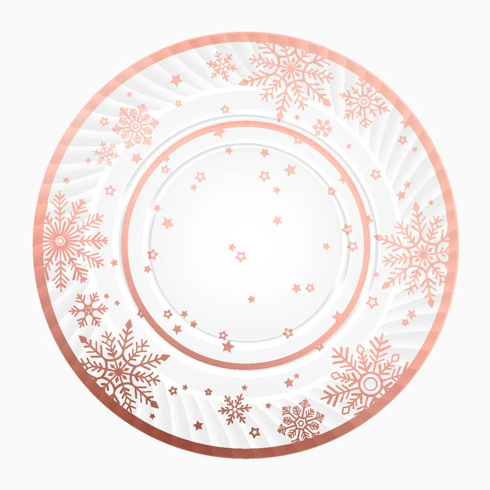 Bandeja Redonda Cartón Navidad Ø 30 cm Metalizada Copo de Nieve Oro Rosa