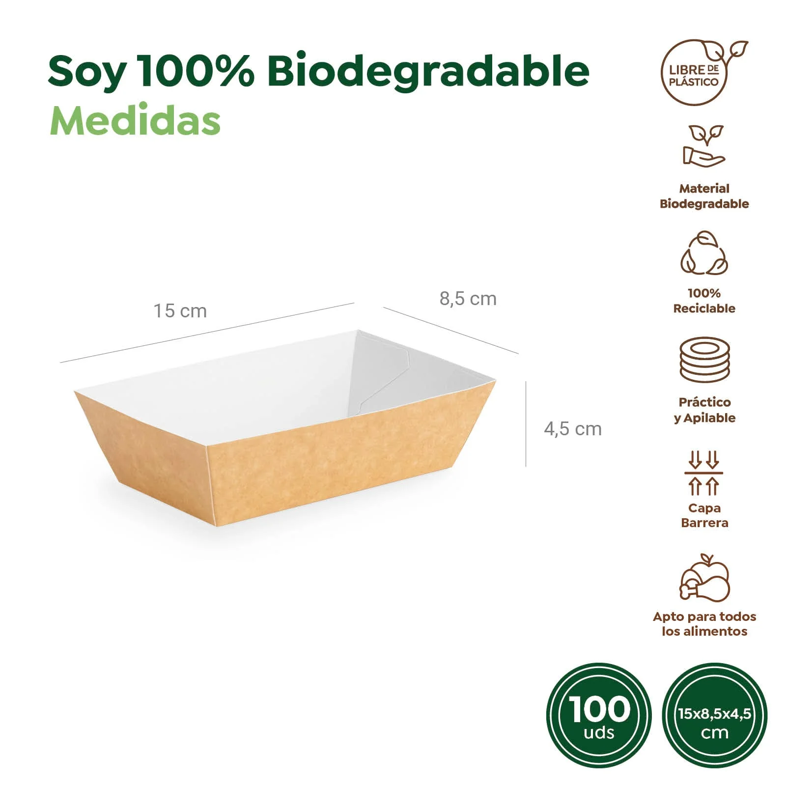 Barqueta Rectangular Cartón Kraft 15 x 8.5 x 4.5 cm - Take Away (100 uds) - Image 3