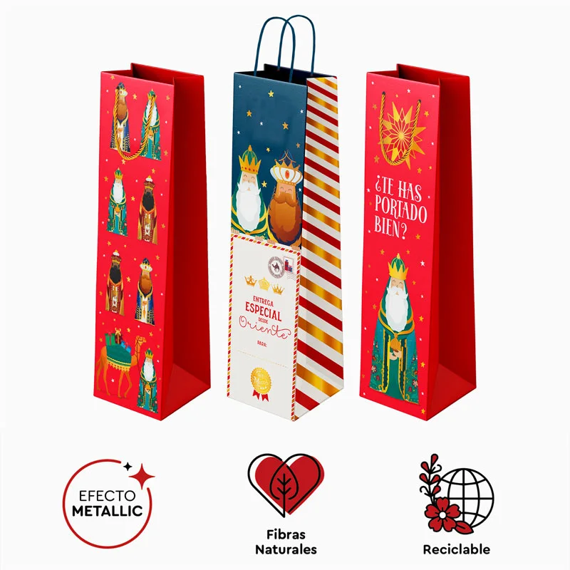 Bolsas Regalo Botella Vino Cartón Navidad 10 x 8 x 35 cm Reyes Magos - Image 2