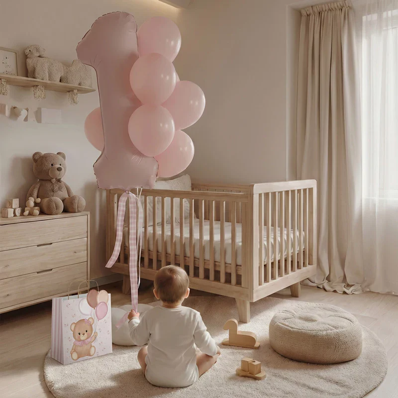 Bolsa Regalo Cartón Mediana 26 x 10 x 32 cm Baby Osito Rosa con Globos - Image 3