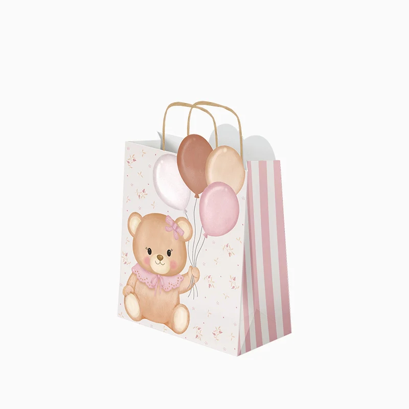 Bolsa Regalo Cartón Pequeña 18 x 10 x 24 cm Baby Osito Rosa con Globos