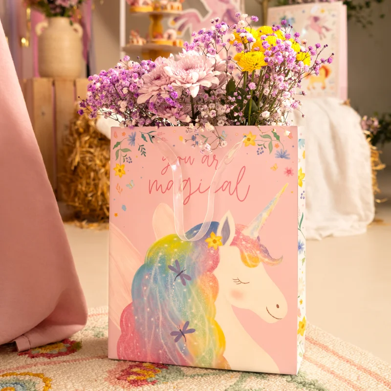 Bolsa Regalo Cartón Pequeña 18 x 10 x 24 cm Unicornios Mágicos Rosa - Image 2