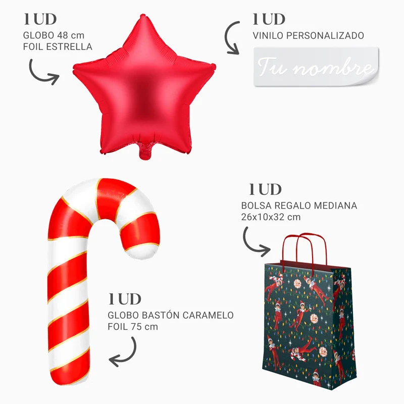 Bolsa Regalo Mediana Elfo Travieso + Globo Foil Bastón + Estrella Roja Personalizado Vinilo Blanco - Image 3