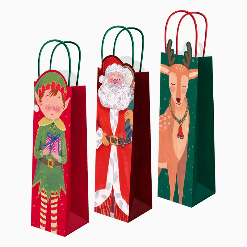 Bolsas Regalo Botella Vino Cartón Navidad 8 x 10 x 35 cm Papá Noel y Elfo