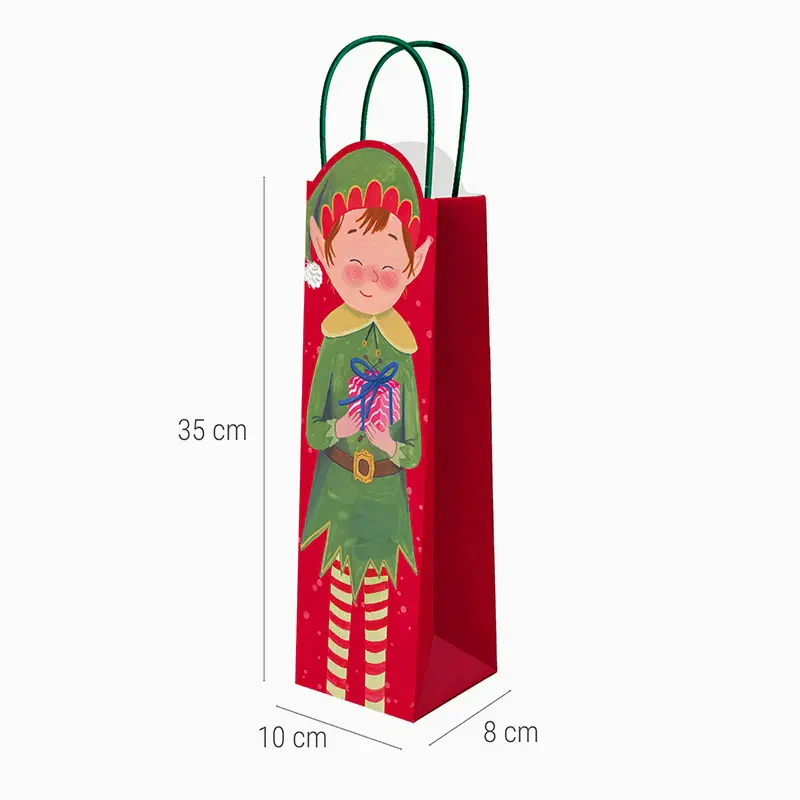 Bolsas Regalo Botella Vino Cartón Navidad 8 x 10 x 35 cm Papá Noel y Elfo - Image 6