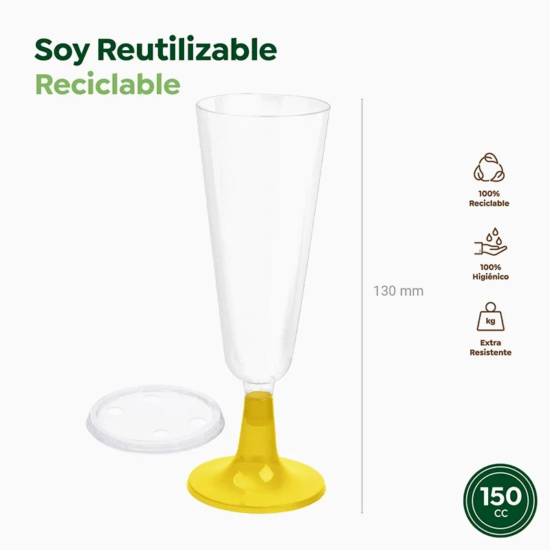 Copa Cava Plástico Reutilizable PP 150 cc con Tapa Oro (4 uds) - Image 4