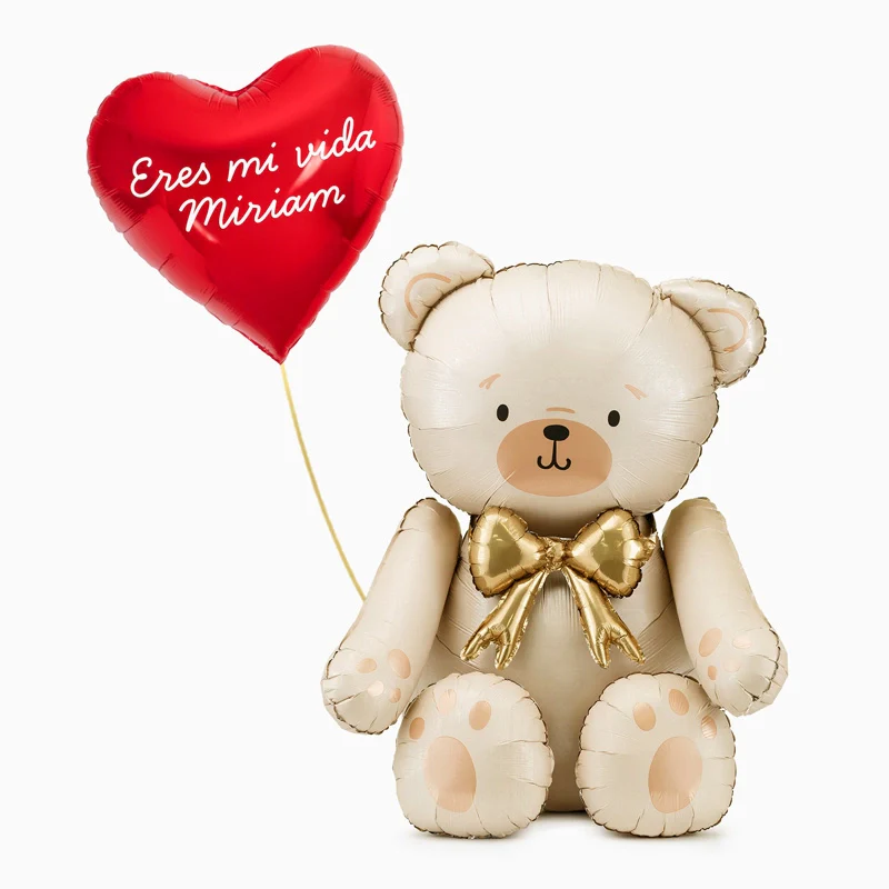 Globo Foil 45 cm Corazón Rojo + Globo Foil Oso Crema Frase Personalizado Vinilo Blanco