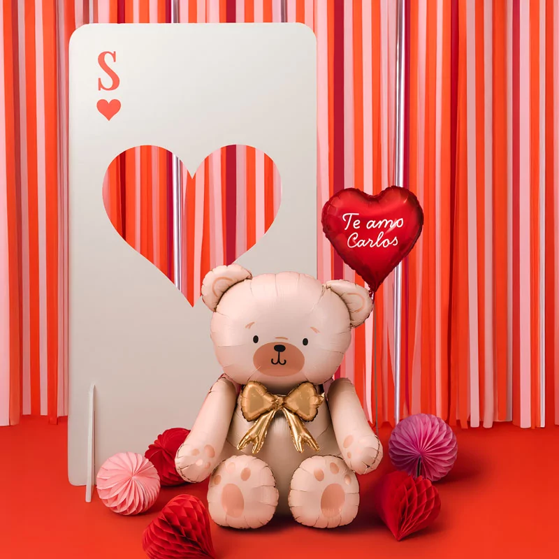 Globo Foil 45 cm Corazón Rojo + Globo Foil Oso Crema Frase Personalizado Vinilo Blanco - Image 2