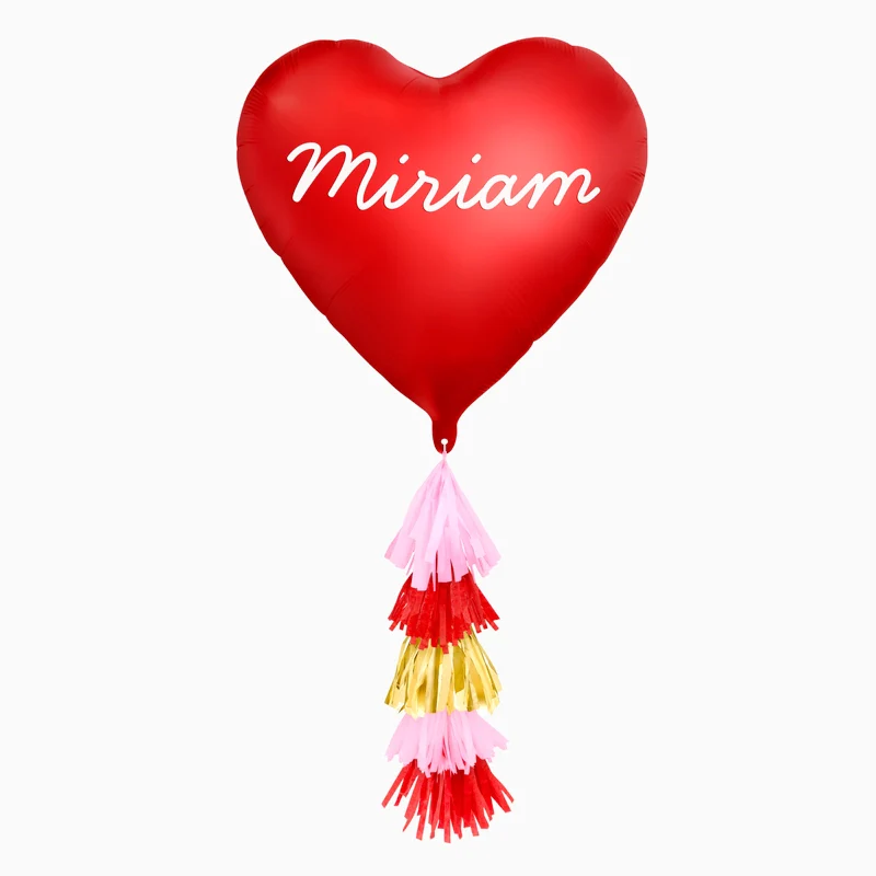 Globo Foil 75 cm Corazón Rojo Nombre Personalizado Vinilo Blanco con Tassel Vertical