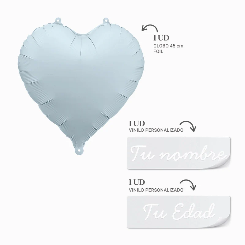Globo Foil Mate Corazón Azul Personalizado Nombre y Edad Vinilo Blanco - Image 3