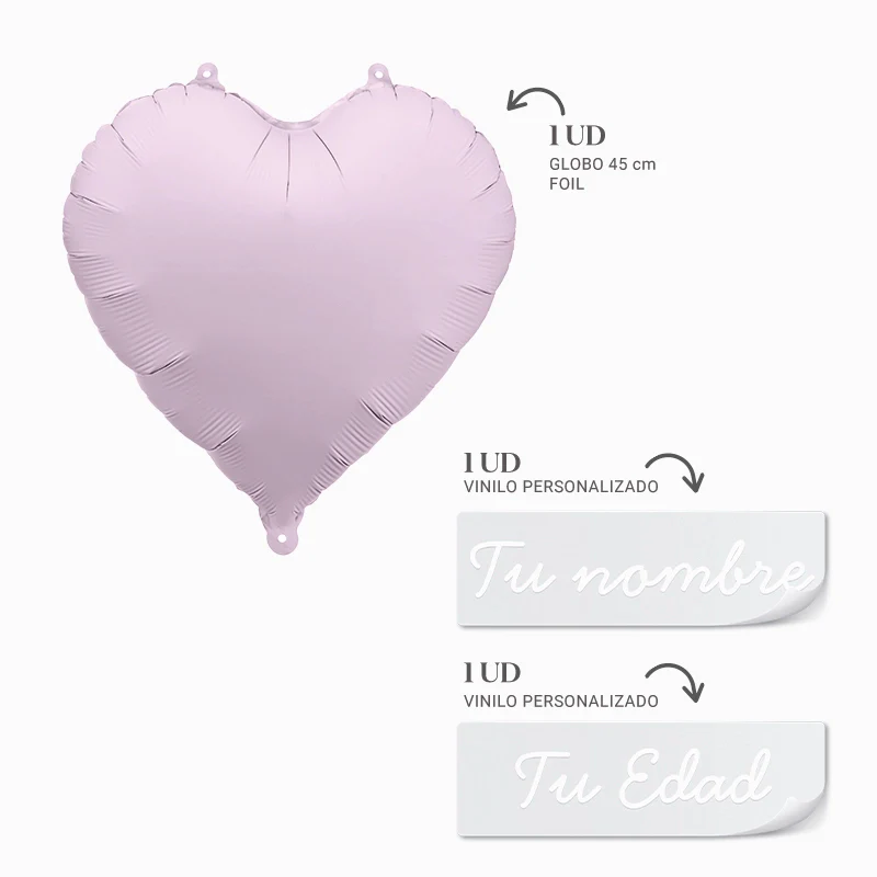 Globo Foil Mate Corazón Lavanda Personalizado Nombre y Edad Vinilo Blanco - Image 3