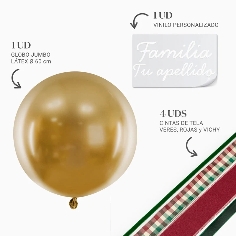 Globo Jumbo 60 cm Oro con Telas Familia 1 Apellido Vinilo Blanco - Image 5