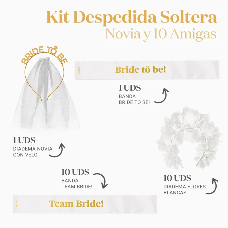 Kit Banda Despedida Soltera Bride y 10 Team Bride Blanco - Image 3