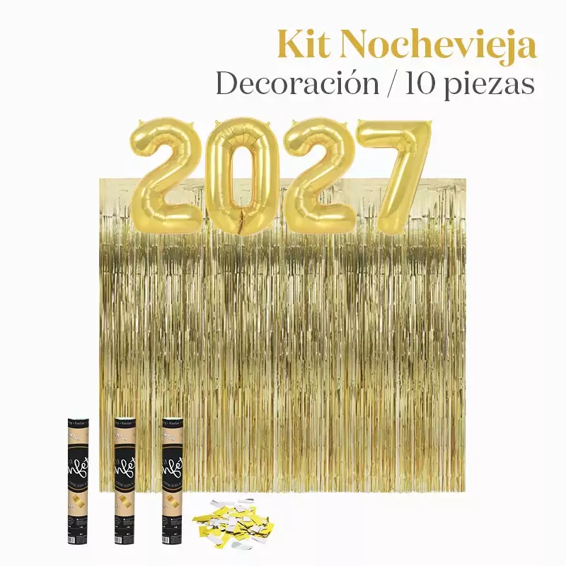Kit Deco Photocall Nochevieja 2027 Oro 10 piezas
