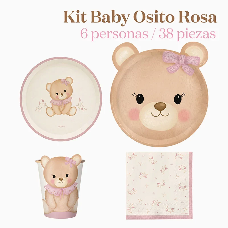 Kit Mesa Basic 6 Personas Baby Osito Rosa 38 piezas