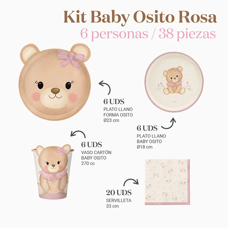 Kit Mesa Basic 6 Personas Baby Osito Rosa 38 piezas - Image 3