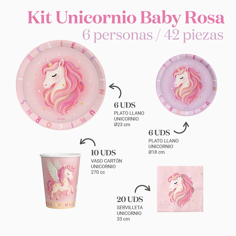 Kit Mesa Basic 6 Personas Unicornio Baby Rosa 42 piezas - Image 3