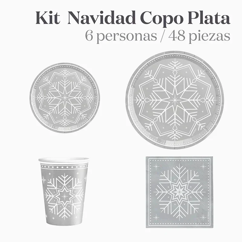 Kit Mesa Basic 6 Personas Copo de Nieve Plata 48 piezas