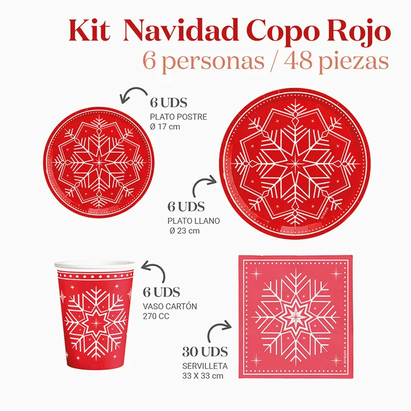 Kit Mesa Basic 6 Personas Copo de Nieve Rojo 48 piezas - Image 3
