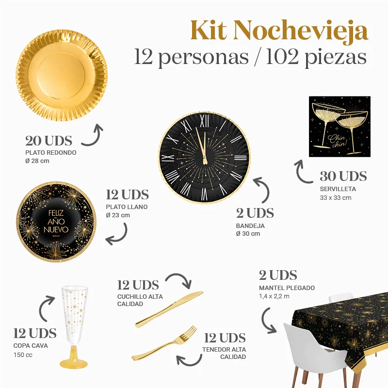 Kit Mesa Premium Nochevieja 12 Personas 'Feliz Año Nuevo' 102 piezas - Image 3