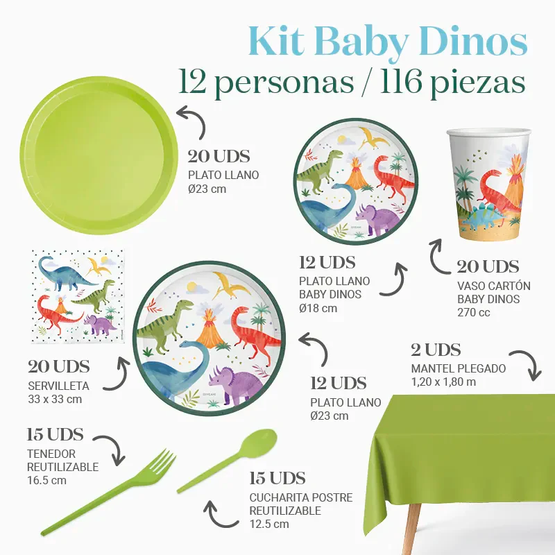 Kit Mesa Premium 12 Personas Baby Dinos 116 piezas - Image 3