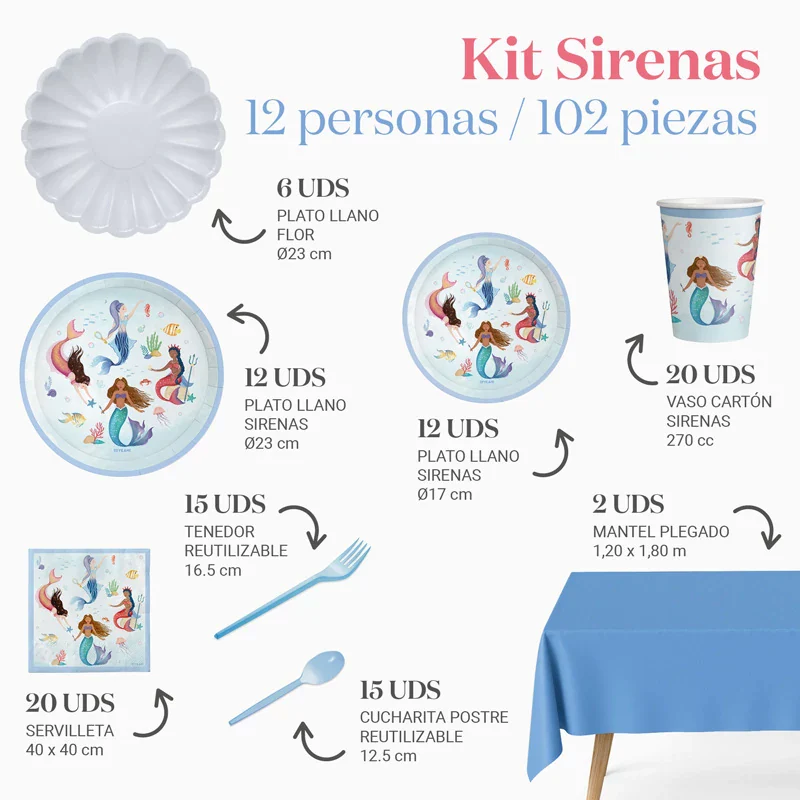 Kit Mesa Premium 12 Personas Sirenas 102 piezas - Image 3