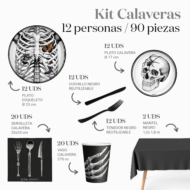 Kit Mesa Premium Calavera 12 Personas 90 piezas - Image 3