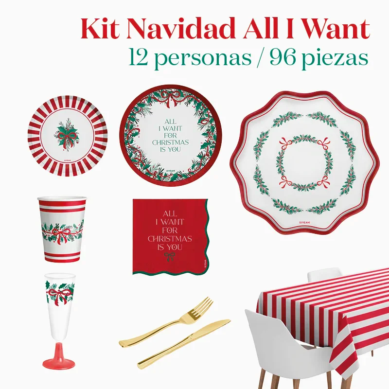 Kit Mesa Premium Navidad 12 Personas All I Want For Christmas 96 piezas