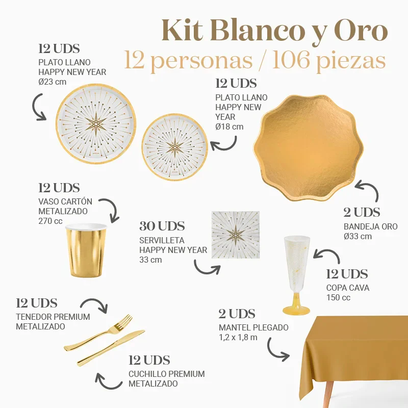 Kit Mesa Premium Navidad 12 Personas Blanco y Dorado 106 piezas - Image 3