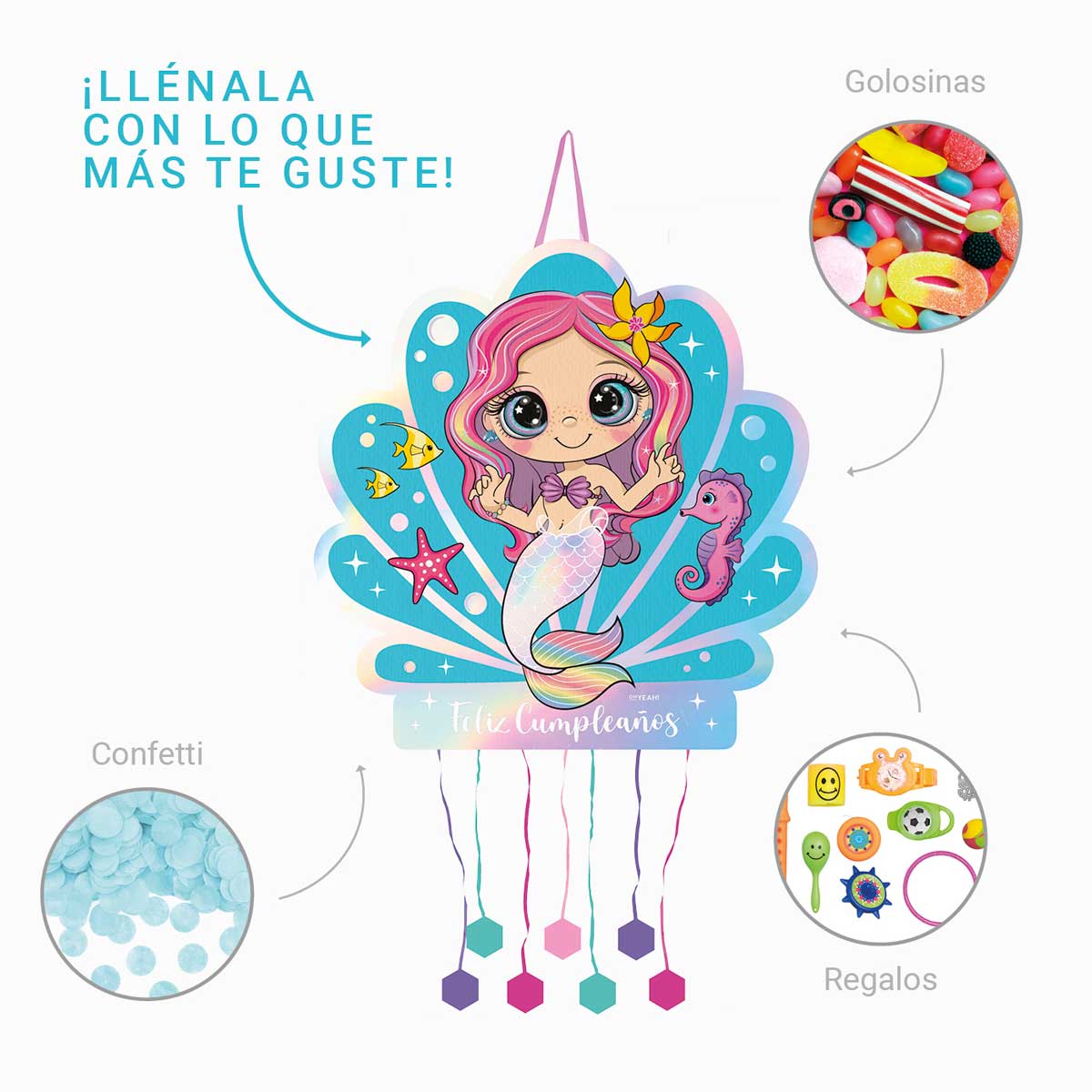 Piñata "Feliz Cumpleaños" Sirena Iridiscente - Image 4