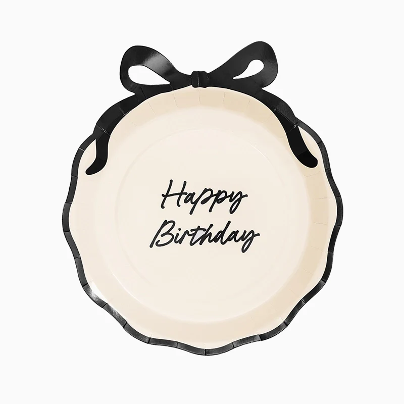 Plato Cartón Ø 24 cm Crema y Negro " Happy Birthday"