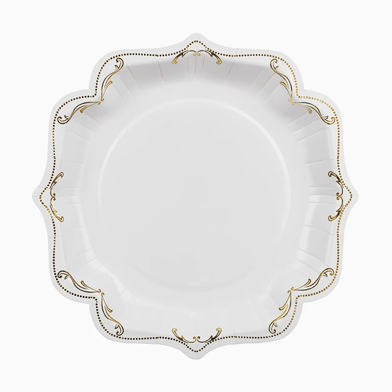 Plato Cartón Llano 26 cm Blanco con Detalles Dorados