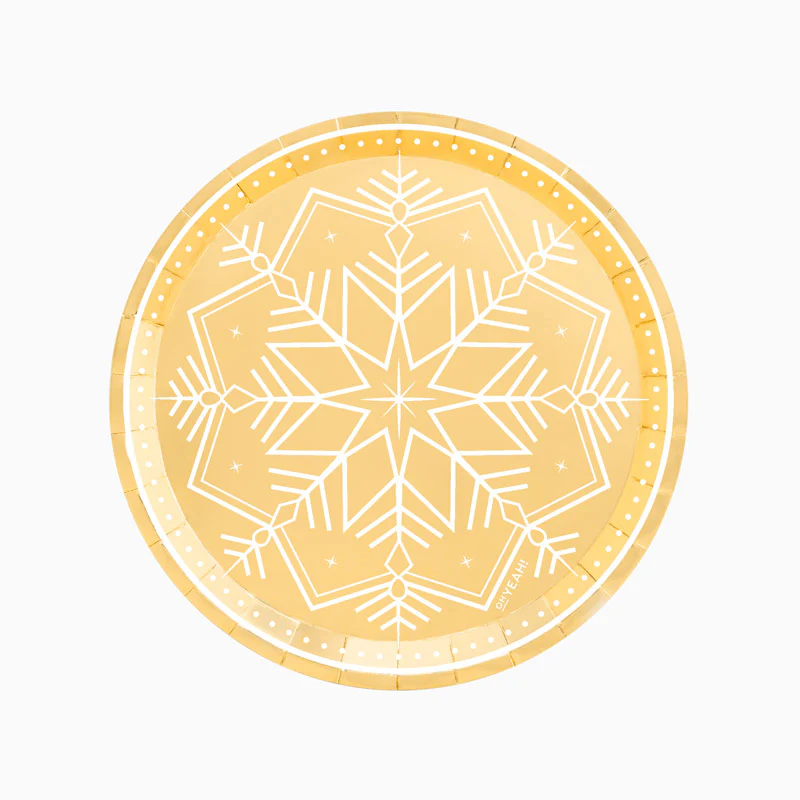 Plato Cartón Llano Navidad Ø 23 cm Copo de Nieve Oro