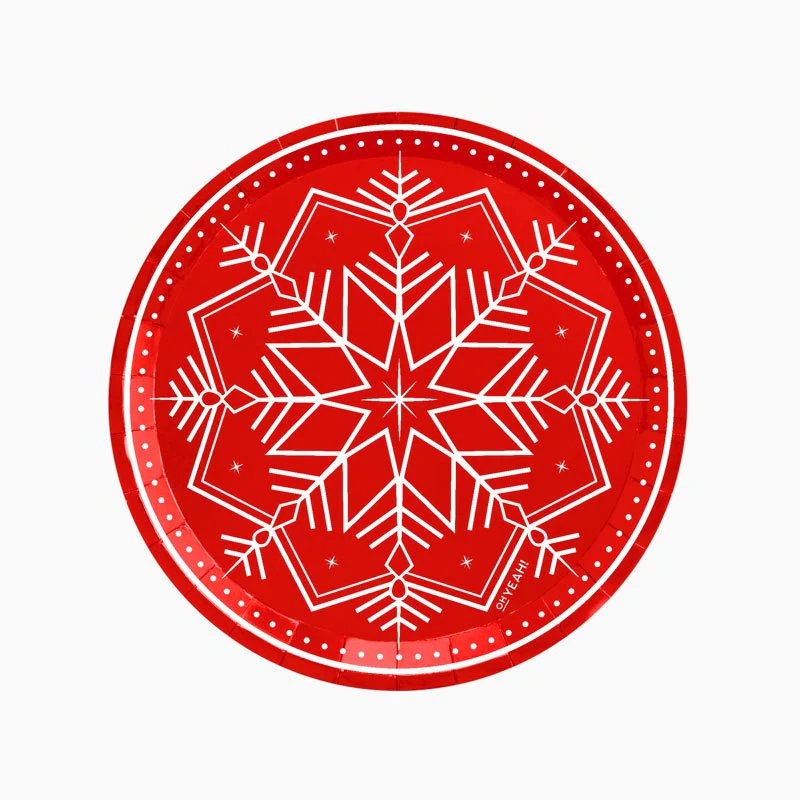 Plato Cartón Llano Navidad Ø 23 cm Copo de Nieve Rojo