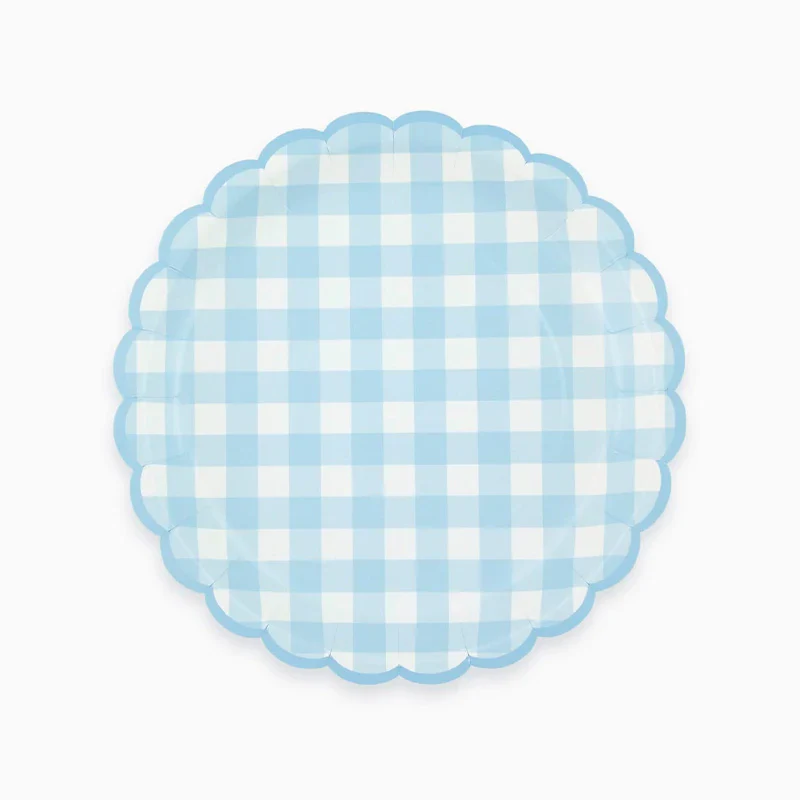 Plato Cartón Llano Ø 23 cm Vichy Azul Pastel y Blanco