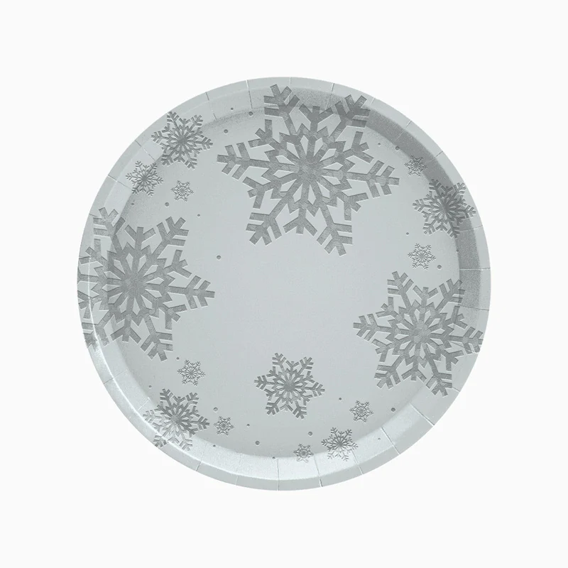 Plato Cartón Llano Navidad Ø 23 cm Copo de Nieve Plata Glitter