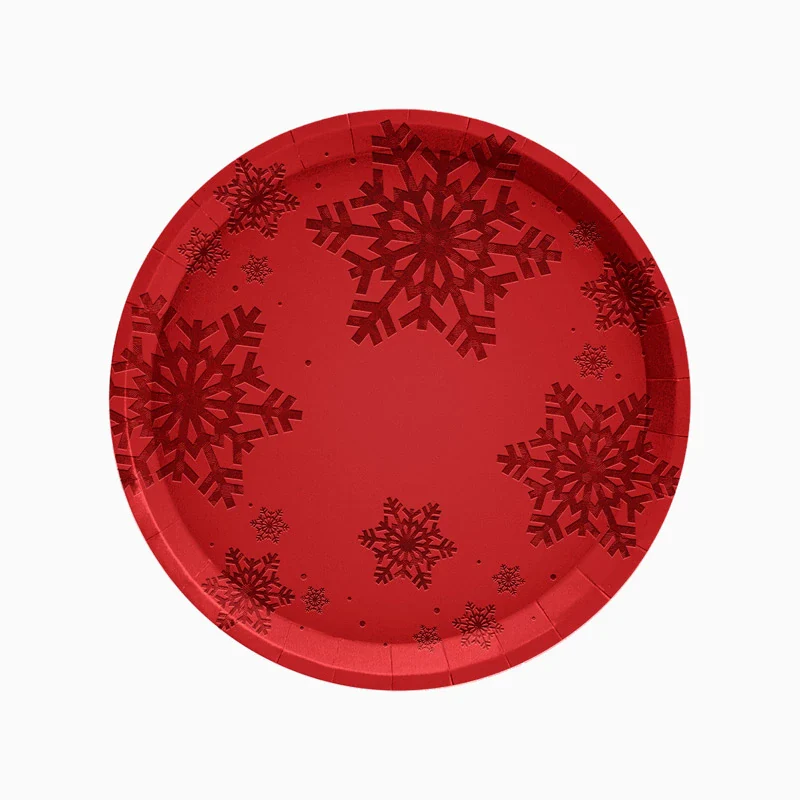 Plato Cartón Llano Navidad Ø 23 cm Copo de Nieve Rojo Glitter