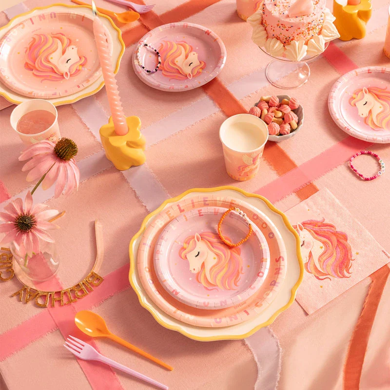 Plato Cartón Llano Postre Ø 17 cm Unicornio Baby Rosa - Image 3