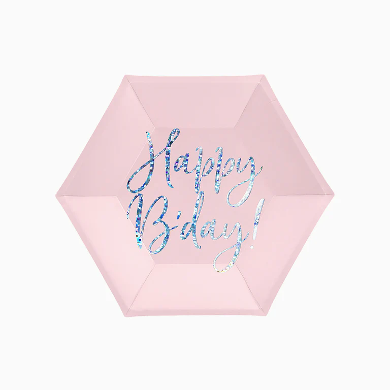 Plato Cartón Hexagonal 'Happy Birthday' Rosa