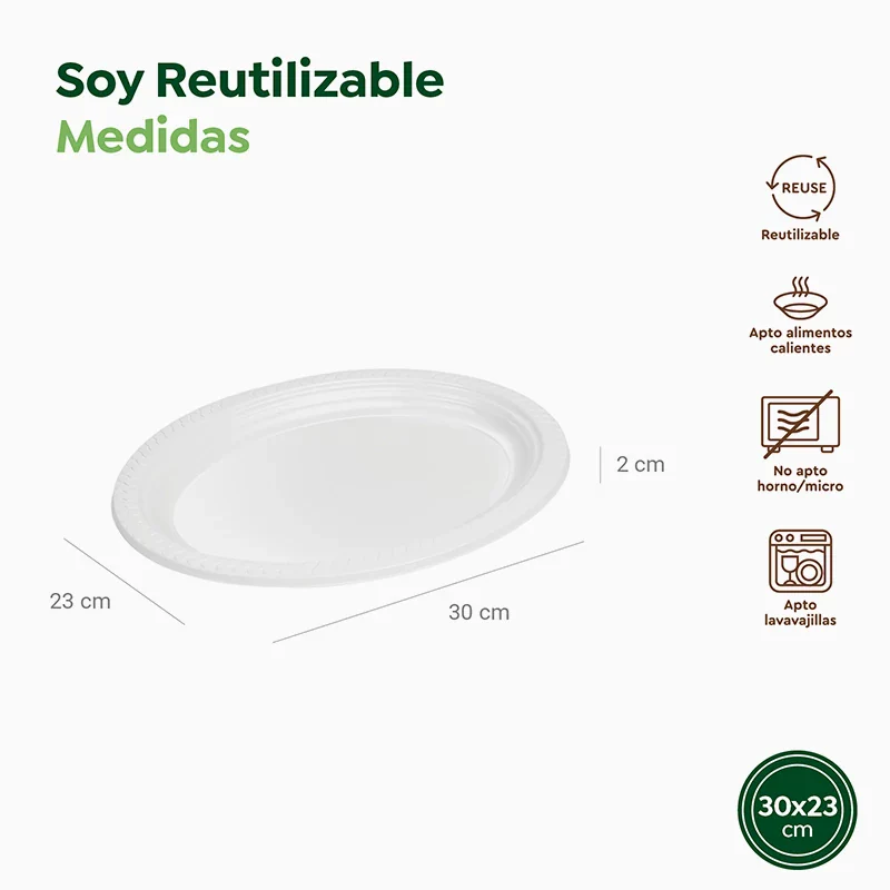Plato Llano Ovalado Plástico PS Reutilizable 30 x 23 cm Blanco - Image 3
