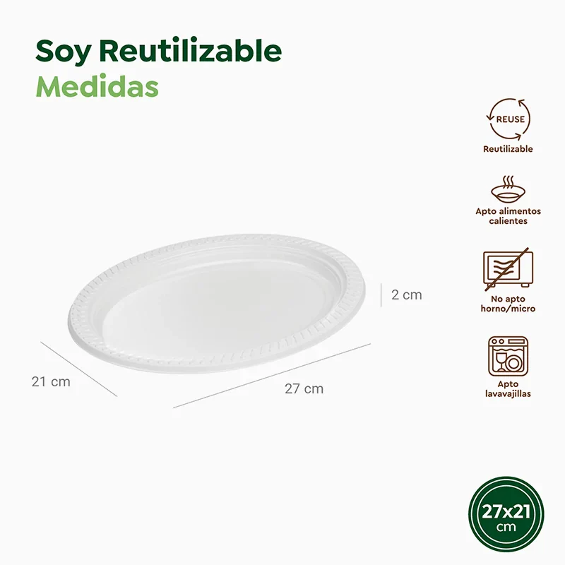 Plato Llano Ovalado Plástico PS Reutilizable 27 x 21 cm Blanco - Image 3