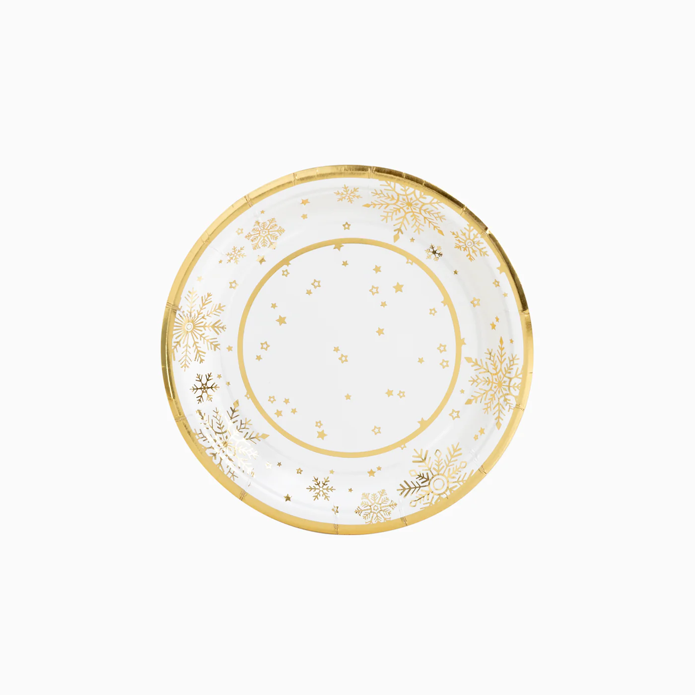 Plato Cartón Llano Postre Navidad Ø 18 cm Copo de Nieve Oro y Blanco