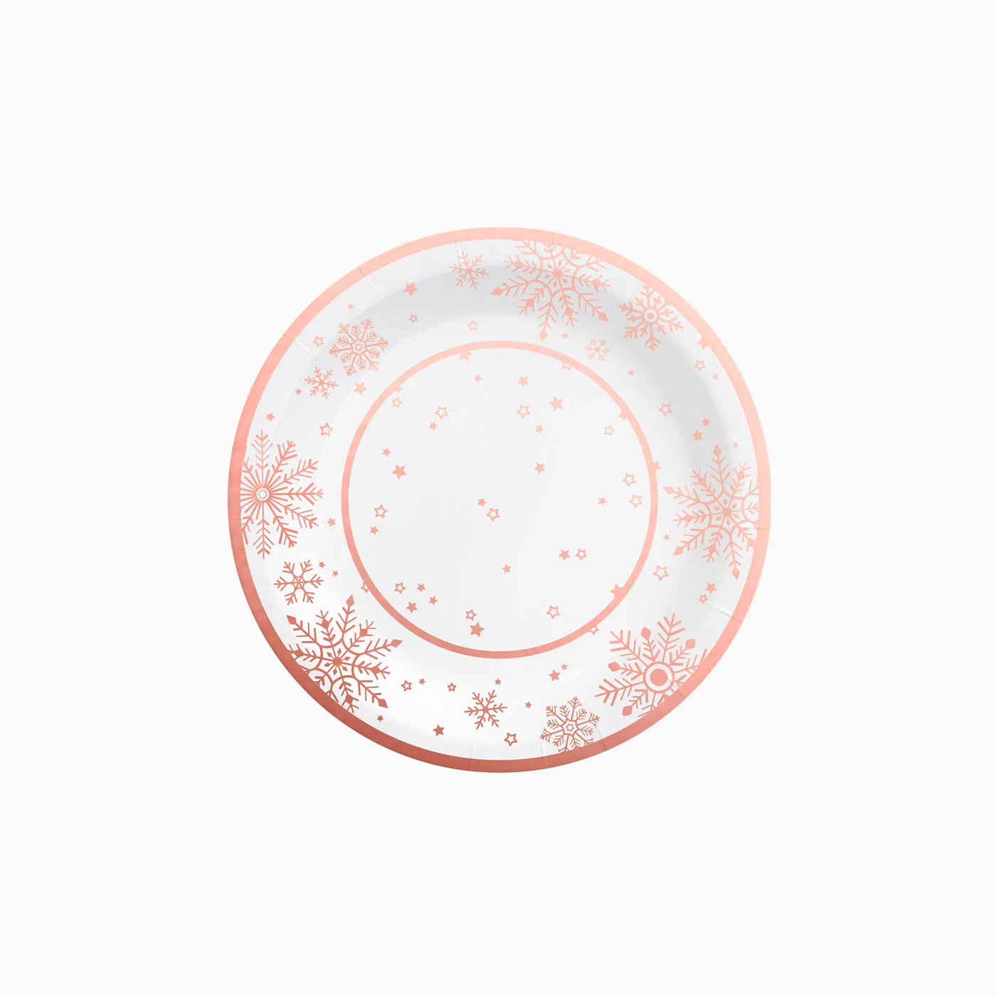 Plato Cartón Llano Postre Navidad Metalizado Ø 18 cm Copo de Nieve Oro Rosa