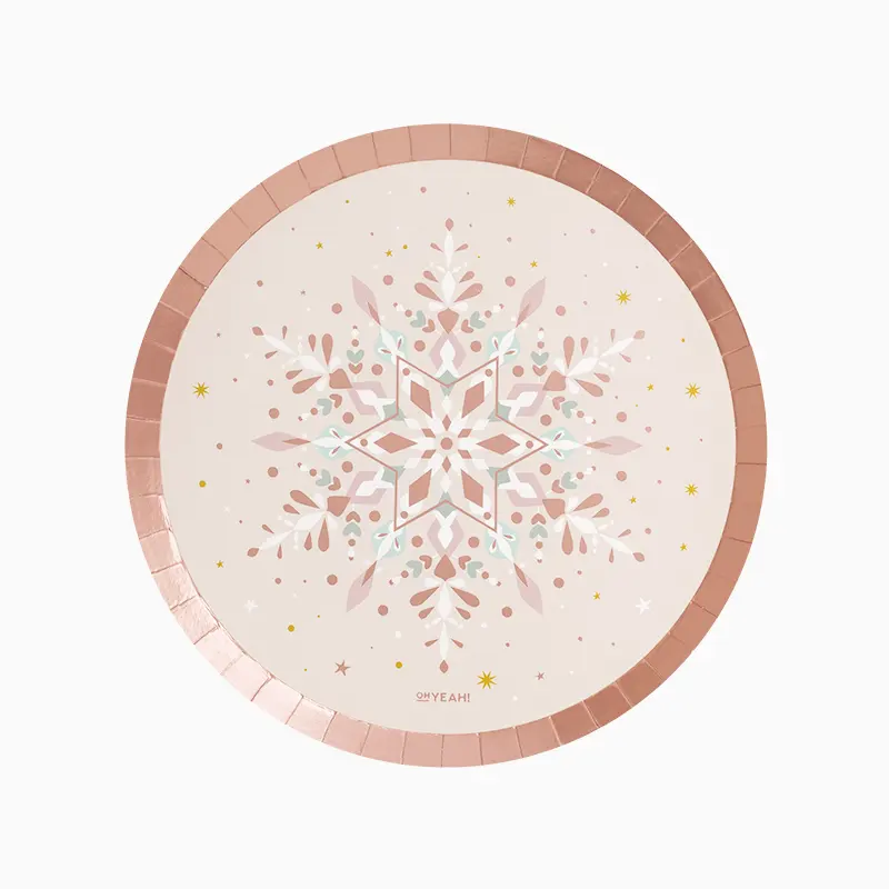Plato Cartón Llano Navidad Ø 23 cm Frozen Copo Nieve Oro Rosa