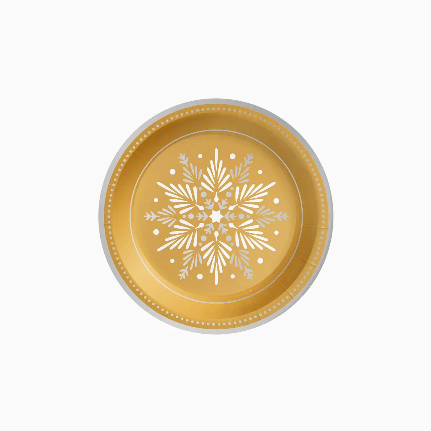 Plato Cartón Llano Postre Navidad Ø 18 cm Copo de Nieve Dorado y Blanco