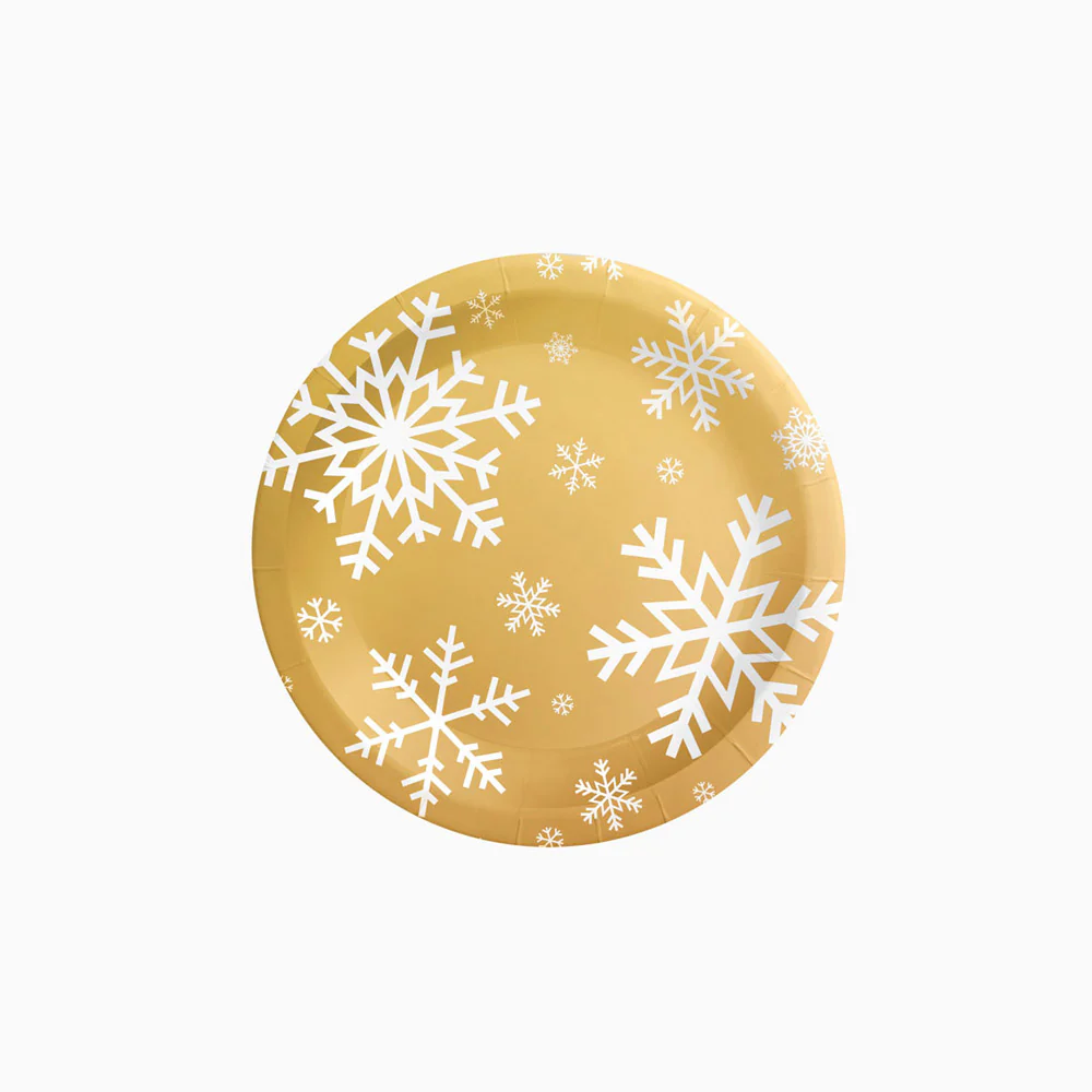 Plato Cartón Llano Postre Navidad Ø 18 cm Copo de Nieve Oro