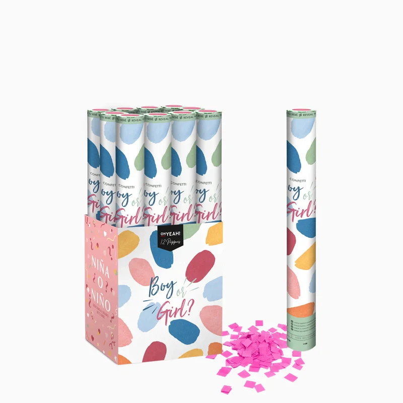 Set 12 Cañones Confeti Cuadrado Biodegradable 50 cm Revelación Género Rosa + Caja Expositora