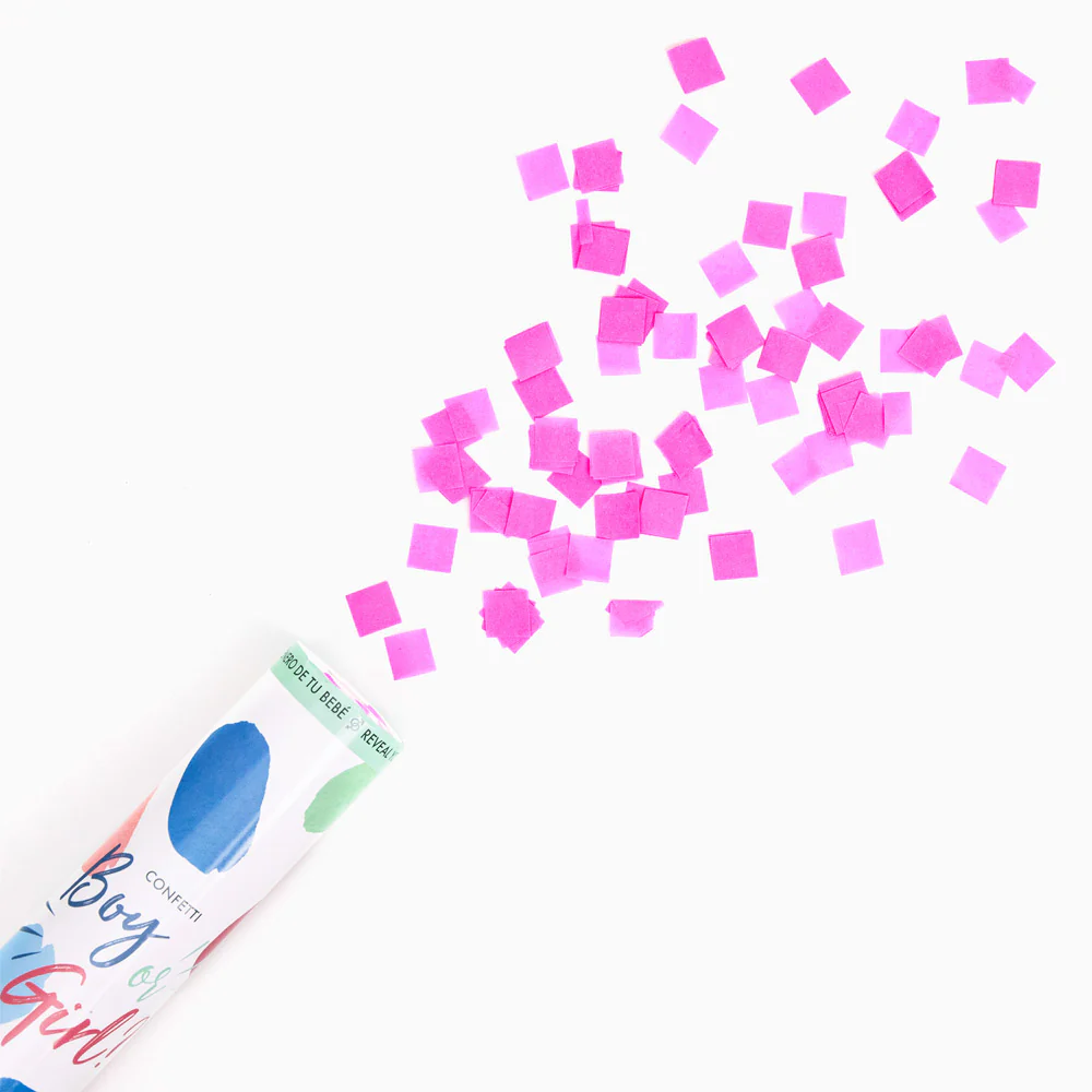Set 12 Cañones Confeti Cuadrado Biodegradable 50 cm Revelación Género Rosa + Caja Expositora - Image 6